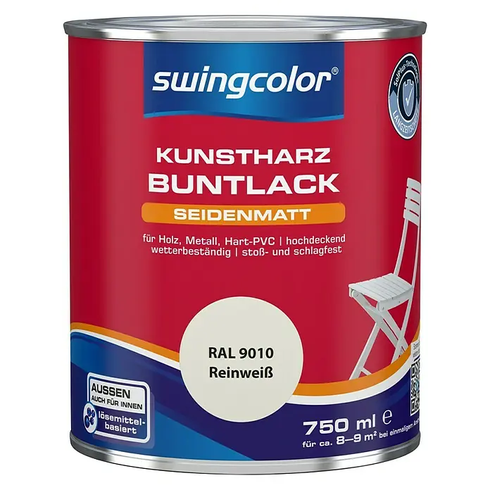 swingcolor Buntlack Kunstharz für Außen - Reinweiß, Seidenmatt, 750 ml, Lösemittelbasiert - Dose Kunstharz Buntlack seidenmatt von Swingcolor, geeignet für Holz, Metall und Hart-PVC, Farbton Reinweiß RAL 9010.