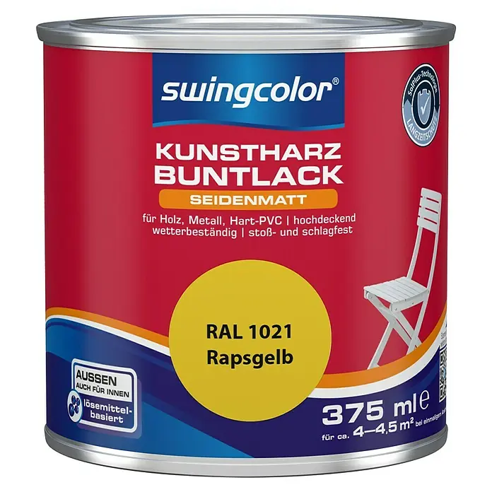 swingcolor Buntlack Kunstharz für Außen - Rapsgelb, Seidenmatt, 375 ml, Lösemittelbasiert - Farbdose Swingcolor Kunstharz Buntlack Seidenmatt RAL 1021 Rapsgelb für den Innen- und Außenbereich, lösemittelbasiert.