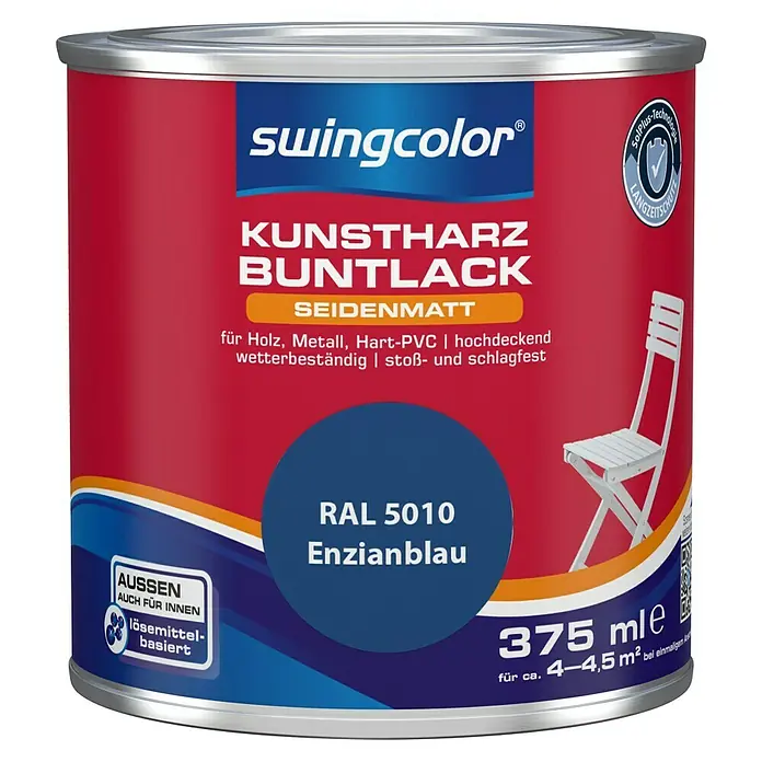 swingcolor Buntlack Kunstharz für Außen - Enzianblau, Seidenmatt, 375 ml, Lösemittelbasiert - Dose Swingcolor Kunstharz Buntlack Enzianblau, seidenglänzend, für Holz, Metall und Hart-PVC. Wetterbeständig und stoßfest, Inhalt 375 ml.