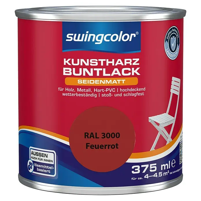 swingcolor Buntlack Kunstharz für Außen - Feuerrot, Seidenmatt, 375 ml, Lösemittelbasiert - Dose Swingcolor Kunstharz Buntlack Feuerrot, seidenmatt, für Holz, Metall, Hart-PVC. Wetterbeständig und stoßfest, ideal für Innen- und Außenbereiche.
