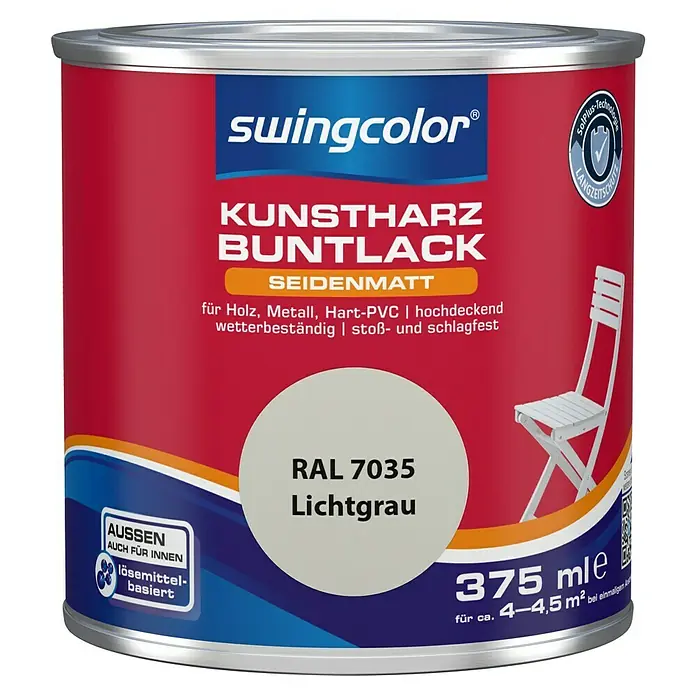 swingcolor Buntlack Kunstharz für Außen - Lichtgrau, Seidenmatt, 375 ml, Lösemittelbasiert - Dose Swingcolor Kunstharz Buntlack seidenmatt, Farbton RAL 7035 Lichtgrau, 375ml für Holz, Metall, Hart-PVC.