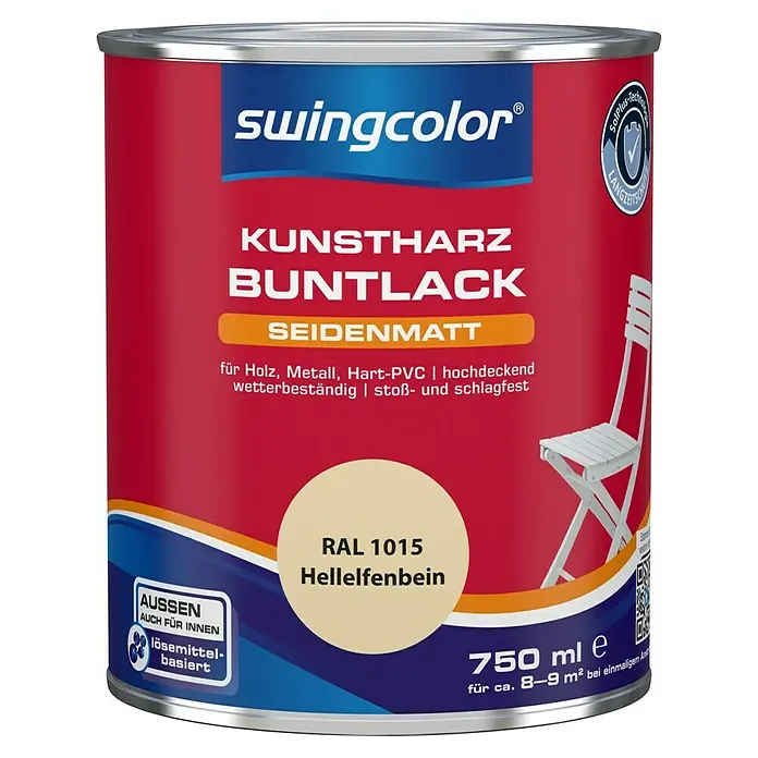 swingcolor Buntlack Kunstharz für Außen - Hellelfenbein, Seidenmatt, 750 ml, Lösemittelbasiert - Dose Kunstharz-Buntlack „Hellelfenbein“ von Swingcolor, seidenglänzend, für Holz, Metall und Hart-PVC, 750 ml.
