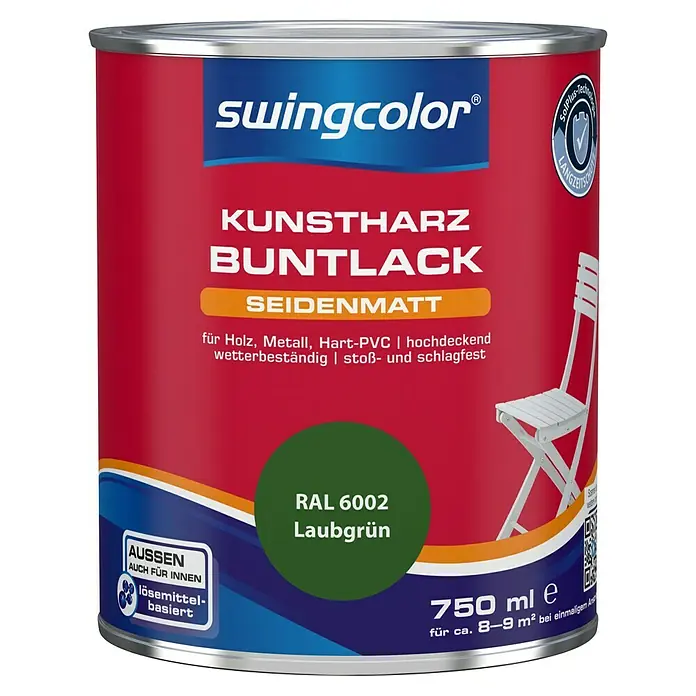 swingcolor Buntlack Kunstharz für Außen - Laubgrün, Seidenmatt, 750 ml, Lösemittelbasiert - Farbdose Swingcolor Kunstharz Buntlack, seidenmatt, Laubgrün RAL 6002, für Holz, Metall, Hart-PVC, wetterbeständig und stoßfest.