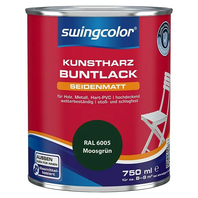 swingcolor Buntlack Kunstharz für Außen - Moosgrün, Seidenmatt, 750 ml, Lösemittelbasiert - Dose Kunstharz-Buntlack von Swingcolor in Moosgrün (RAL 6005), seidenmatt, für Holz, Metall und Hart-PVC, ideal für Innen- und Außenbereiche.