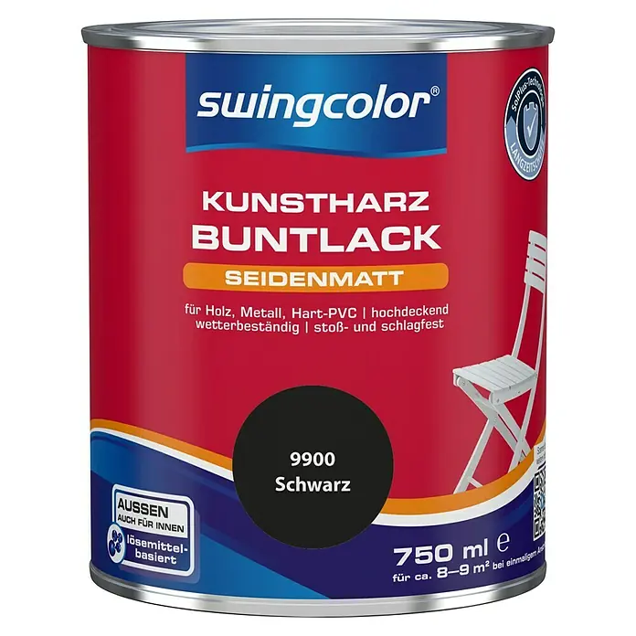 swingcolor Buntlack Kunstharz für Außen - Schwarz, Seidenmatt, 750 ml, Lösemittelbasiert - Dose Swingcolor Kunstharz Buntlack seidenmatt, Farbe 9900 Schwarz, für Holz, Metall und Hart-PVC, wetterbeständig und stoßfest, 750 ml.