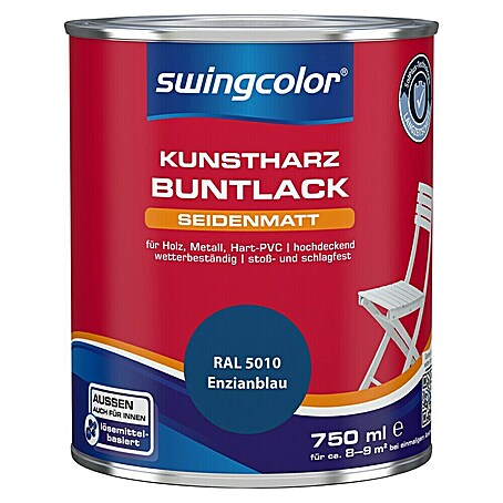 swingcolor Buntlack Kunstharz für Außen (Enzianblau, Seidenmatt, 750 ml, Lösemittelbasiert)