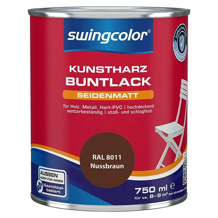 swingcolor Buntlack Kunstharz für Außen - Nussbraun, Seidenmatt, 750 ml, Lösemittelbasiert - Farbdose Swingcolor Kunstharz Buntlack Seidenmatt Nussbraun, 750 ml. Ideal für Holz, Metall und Hart-PVC. Wetterbeständig und stoßfest.