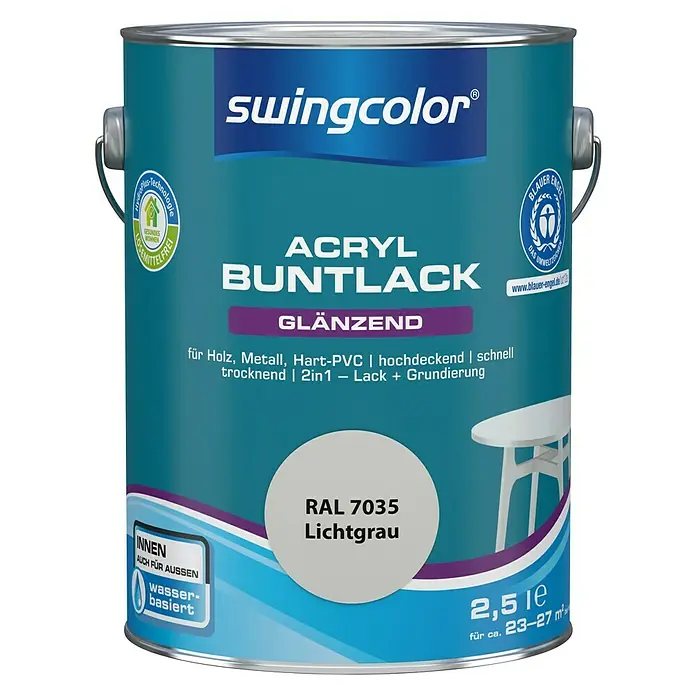swingcolor Buntlack Acryl - Lichtgrau, Glänzend, 2,5 l, Wasserbasiert - Farbdose Swingcolor Acryl Buntlack, glänzend, Farbton RAL 7035 Lichtgrau, geeignet für Holz, Metall und Hart-PVC. Ideal für Innen- und Außenbereiche.