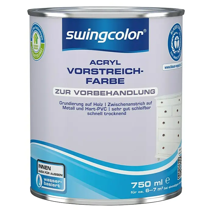 swingcolor Vorstreichfarbe Acryl - Weiß, 750 ml - Dose Swingcolor Acryl Vorstreichfarbe für Holz & Metall: Grundierung für den Innen- & Außenbereich, wasserbasiert, 750 ml für ca. 6-7 m².