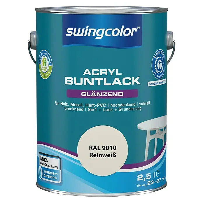 swingcolor Buntlack Acryl - Reinweiß, Glänzend, 2,5 l, Wasserbasiert - Farbdose Swingcolor Acryl Buntlack glänzend Reinweiß RAL 9010, geeignet für Holz, Metall und Hart-PVC, ideal für Innen- und Außenbereiche.