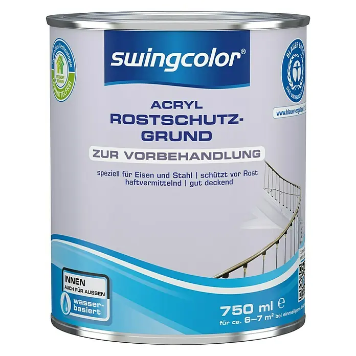 swingcolor Rostschutzgrund Acryl - Grau, 750 ml - Dose Swingcolor Acryl Rostschutz-Grundierung, ideal für Eisen und Stahl, bietet effektiven Rostschutz und gute Deckkraft für Innen- und Außenbereiche.