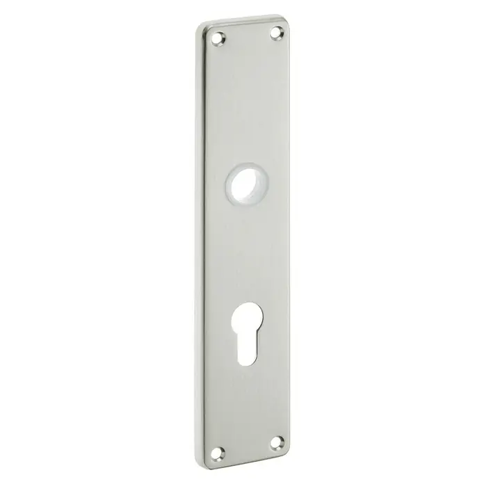 Portaferm Langschild - Distanznorm: 72 mm, Profilzylinder, Neusilber - Elegante Türbeschlag-Rosette aus glänzendem Metall, perfekt für stilvolle Türbeschläge mit Schlüsselloch und Zylinderöffnung.