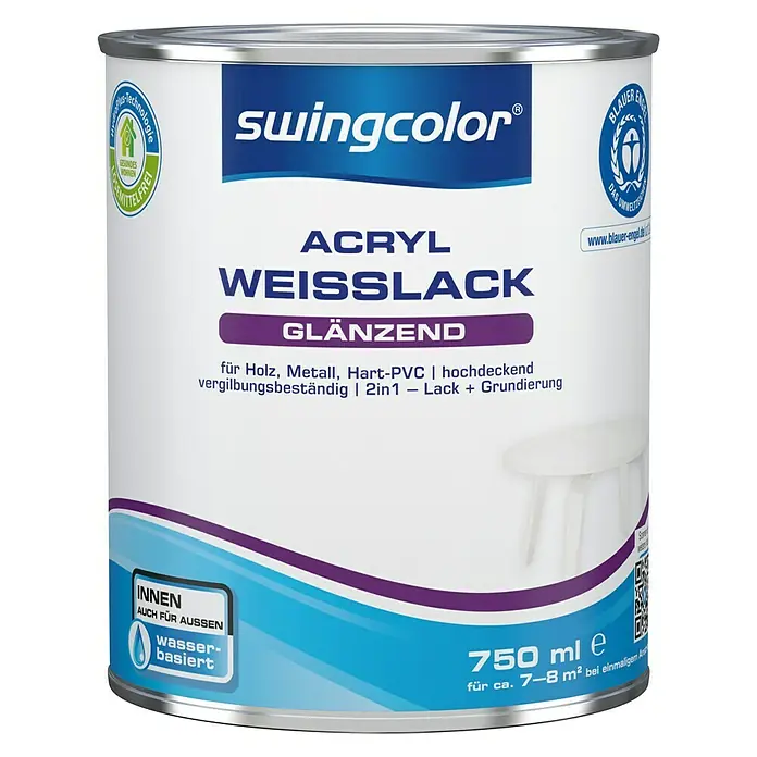 swingcolor Weißlack Acryl - Weiß, Glänzend, 750 ml, Wasserbasiert - Dose Acryl Weisslack glänzend von Swingcolor für Holz, Metall und Hart-PVC, hochdeckend und vergilbungsbeständig. Inhalt: 750 ml.