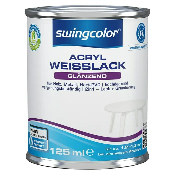 swingcolor Weißlack Acryl - Weiß, Glänzend, 125 ml, Wasserbasiert - Dose Swingcolor Acryl Weisslack glänzend für Holz, Metall und Hart-PVC, 125 ml, wasserbasiert, geeignet für Innen- und Außenbereiche.