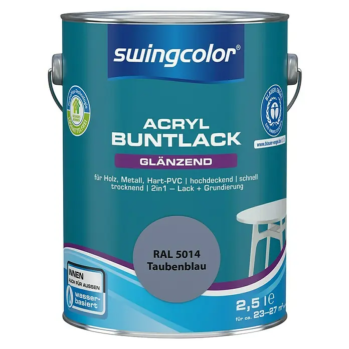 swingcolor Buntlack Acryl - Taubenblau, Glänzend, 2,5 l, Wasserbasiert - Dose Swingcolor Acryl Buntlack Taubenblau: Glänzender Acryllack für Holz, Metall und Hart-PVC, ideal für Innen- und Außenbereiche.