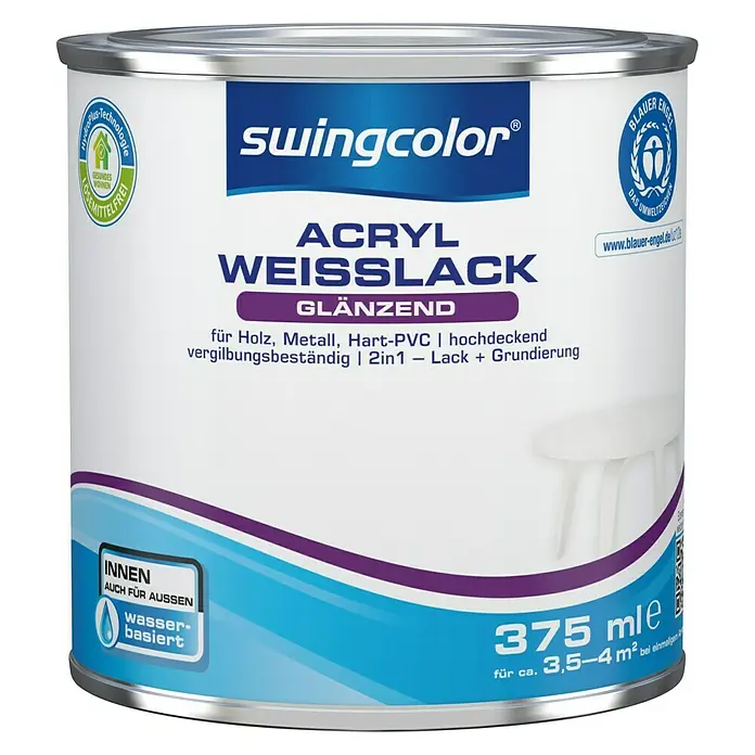 swingcolor Weißlack Acryl - Weiß, Glänzend, 375 ml, Wasserbasiert - Dose Swingcolor Acryl Weisslack, glänzend, für Holz, Metall, Hart-PVC, hochdeckend, vergilbungsbeständig, 2in1 Lack und Grundierung, 375 ml.