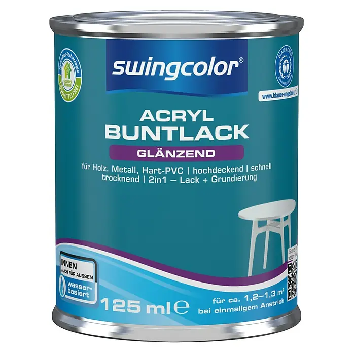 swingcolor Buntlack Acryl - Cremeweiß, Glänzend, 125 ml, Wasserbasiert - Farbdose Swingcolor Acryl Buntlack glänzend, 125 ml, geeignet für Holz, Metall, Hart-PVC. Schnelltrocknend, Lack + Grundierung in einem.
