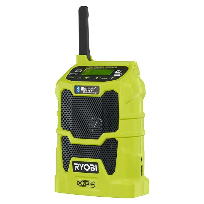 Ryobi ONE+ Radio Bluetooth de batería R18R-0 - Frecuencia: 87,5 - 108,0 kHz (FM) - Imagen de una radio Ryobi ONE+ amarilla y negra con Bluetooth y antena, perfecta para obras o talleres.