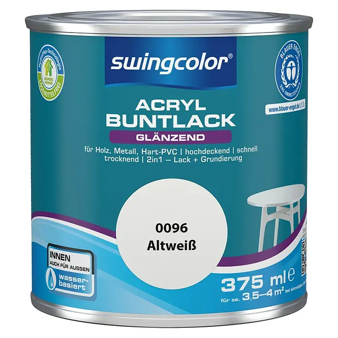 swingcolor Buntlack Acryl - Altweiß, Glänzend, 375 ml, Wasserbasiert - Abbildung einer Dose Swingcolor Acryl Buntlack in Altweiß (0096), glänzend, für Holz, Metall, Hart-PVC, 375 ml, ergiebig für ca. 3,5-4 m².