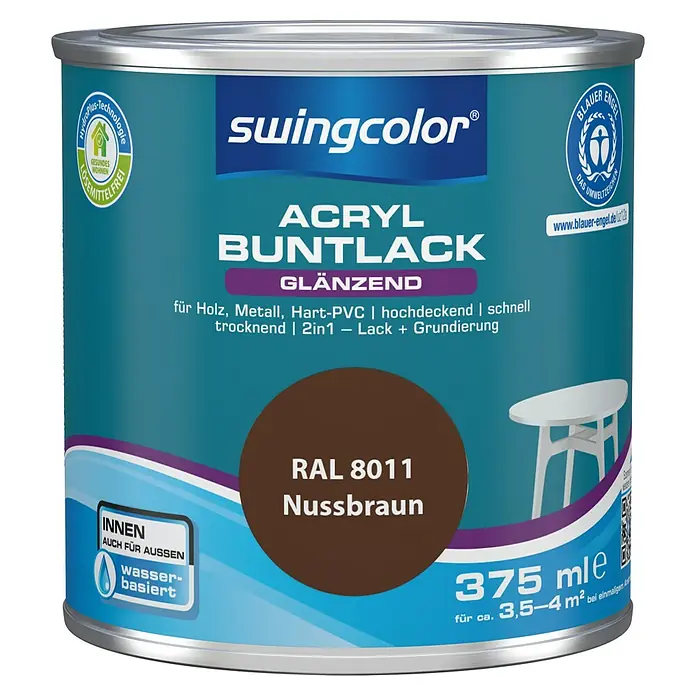 swingcolor Buntlack Acryl - Nussbraun, Glänzend, 375 ml, Wasserbasiert - Dose Swingcolor Acryl Buntlack Nussbraun, glänzend, für Holz, Metall und Hart-PVC, 375 ml, wasserbasiert und lösemittelfrei.