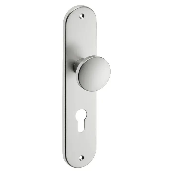 Portaferm Knopfkurzschild - Distanznorm: 72 mm, Edelstahl, Oval - Türklinke mit Rosette in gebürstetem Edelstahl, elegantes Design für moderne Inneneinrichtung mit Schlüsselloch und Schraublöchern.