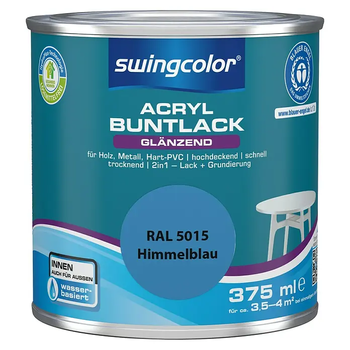 swingcolor Buntlack Acryl - Himmelblau, Glänzend, 375 ml, Wasserbasiert - Dose Swingcolor Acryl Buntlack glänzend, Farbton RAL 5015 Himmelblau, geeignet für Holz, Metall und Hart-PVC, 375 ml.