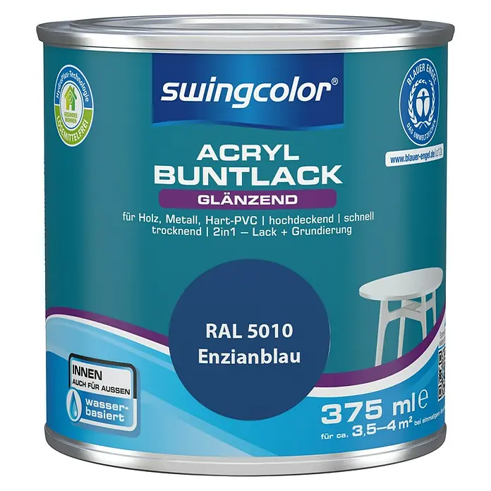 swingcolor Buntlack Acryl - Enzianblau, Glänzend, 375 ml, Wasserbasiert - Farbdose Swingcolor Acryl Buntlack Enzianblau: Glänzender Acryllack für Holz, Metall und Hart-PVC, ideal für Innen- und Außenbereiche.