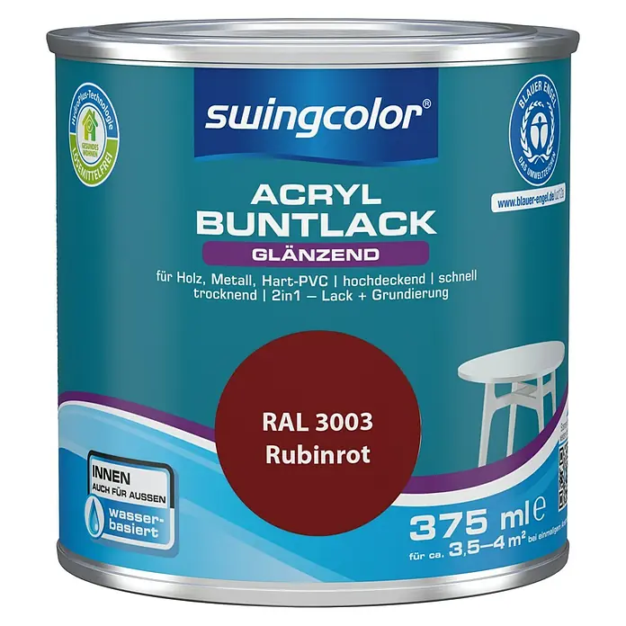 swingcolor Buntlack Acryl - Rubinrot, Glänzend, 375 ml, Wasserbasiert - Farbdose Swingcolor Acryl Buntlack Rubinrot RAL 3003, glänzend, für Holz, Metall, Hart-PVC, 375ml, lösemittelfrei und wasserbasiert.