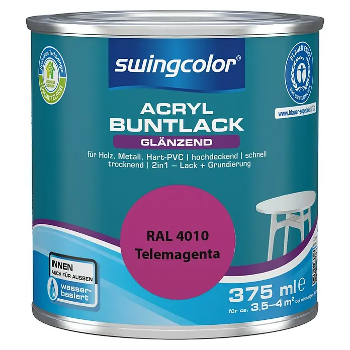 swingcolor Buntlack Acryl - Telemagenta, Glänzend, 375 ml, Wasserbasiert - Dose Swingcolor Acryl Buntlack Telemagenta, glänzend, für Holz, Metall, Hart-PVC, hochdeckend, schnell trocknend, 2in1 Lack + Grundierung, 375ml.