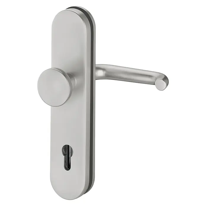 Portaferm Schutz-Wechselgarnitur - Stärke Tür: 92 mm, Edelstahl - Nahaufnahme eines eleganten Türgriffs aus gebürstetem Stahl mit einem runden Drehknopf und einem Schlüsselloch. Elegantes Design für moderne Türen.