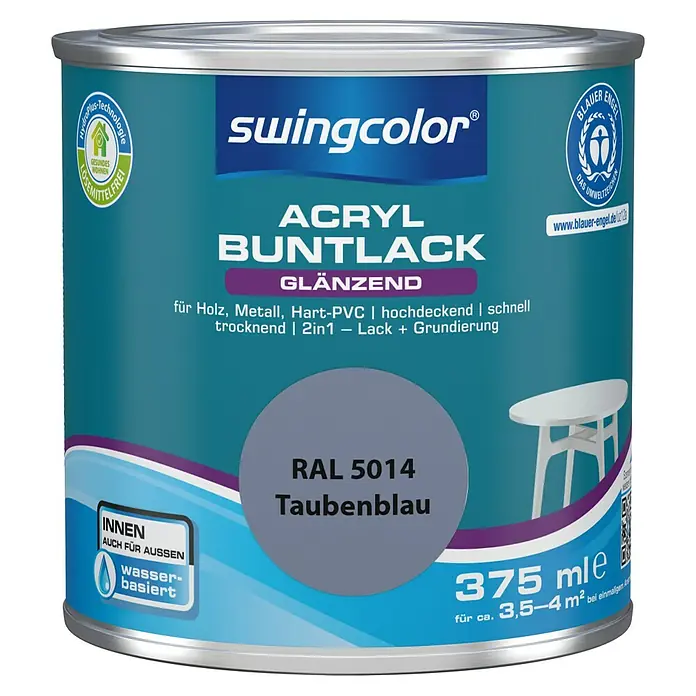 swingcolor Buntlack Acryl - Taubenblau, Glänzend, 375 ml, Wasserbasiert - Dose Swingcolor Acryl Buntlack Taubenblau, glänzend, 375ml, geeignet für Holz, Metall, Hart-PVC. Schnell trocknend, lösemittelfrei und wasserbasiert.