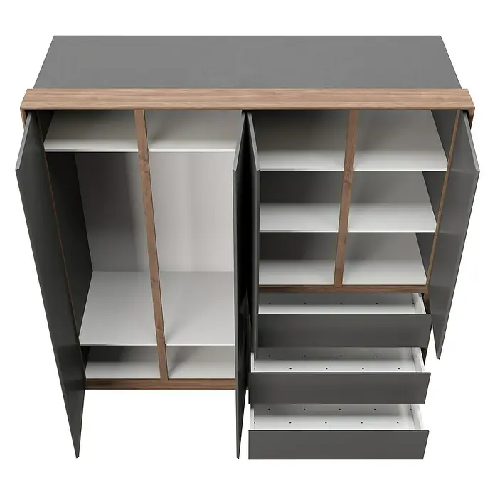 Phönix Playboy Kleiderschrank Victoria - L x B x H: 66,3 x 200 x 212 cm, Nussbaum - Ein offener, dreitüriger grauer Kleiderschrank mit Holzdetails und viel Stauraum durch Regale und Schubladen. Ideal für ein organisiertes Schlafzimmer.