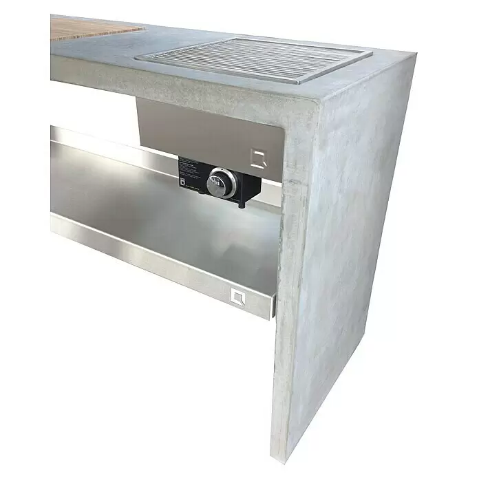 oneQ Einbausockel - Edelstahl, L x B x H: 44 x 40,9 x 18,2 cm - Moderne Beton-Outdoor-Kochstation mit Edelstahlgrill, Ablagen und Holzschneidebrett, inklusive Bedienknopf.