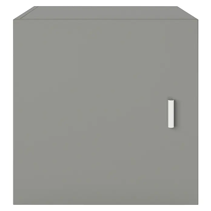 Phönix Fortuna Container - L x B x H: 33,4 x 34,1 x 34,1 cm, Grau, Passend für: Phönix Regale Fortuna - Ein grauer Schrank mit einem schlichten, silberfarbenen Griff. Der Schrank ist minimalistisch gestaltet und wirkt modern.