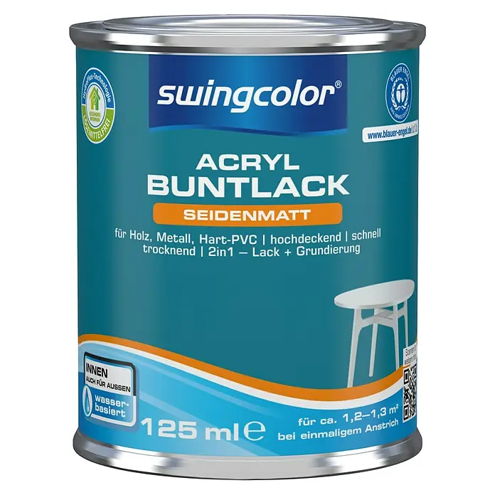 swingcolor Buntlack Acryl - Silbergrau, Seidenmatt, 125 ml, Wasserbasiert - Dose Swingcolor Acryl Buntlack Seidenmatt, geeignet für Holz, Metall und Hart-PVC, ideal für Innen- und Außenbereiche, wasserverdünnbar.
