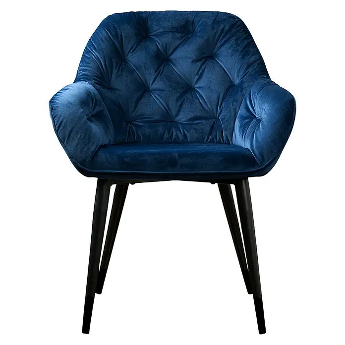 Phönix Stuhl Chessy - L x B x H: 60 x 62 x 82 cm, Blau - Blauer Samtsessel mit Knopfheftung und schwarzen Beinen. Ein stilvolles Möbelstück, das Komfort und Eleganz vereint. Perfekt für jedes Wohnzimmer.
