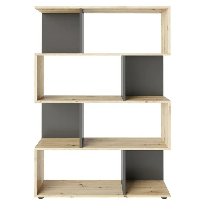 Phönix Holzregal Shelfy - H x B x T: 146 x 103 x 35,6 cm, Anzahl Böden: 5 Stk., Schrauben, Eiche/Grau - Modernes Bücherregal mit Holzoptik und grauen Fächern. Das Regal ist stilvoll und bietet viel Stauraum für Bücher und Dekoration.