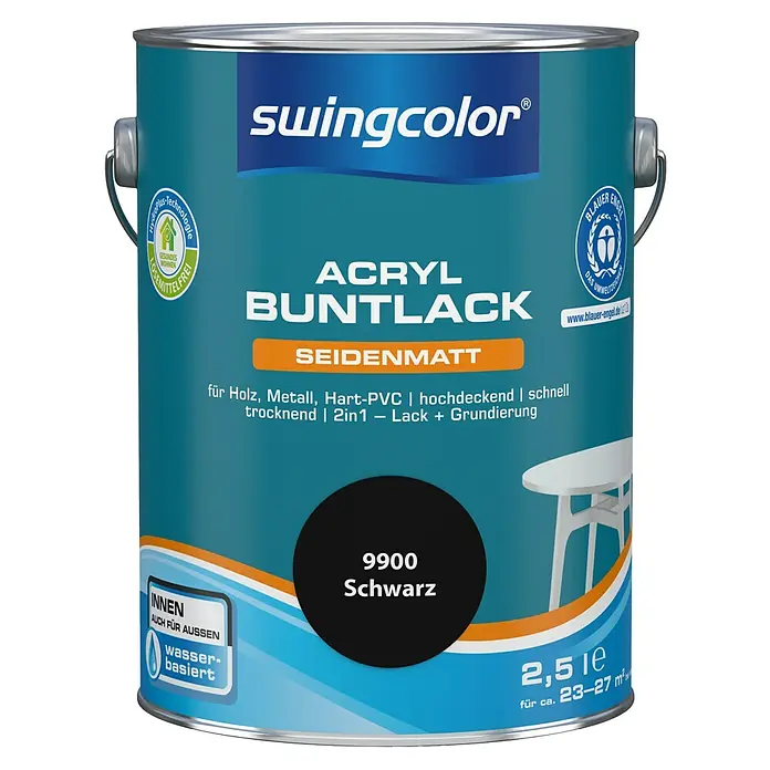 swingcolor Buntlack Acryl - Schwarz, Seidenmatt, 2,5 l, Wasserbasiert - Farbdose Swingcolor Acryl Buntlack Seidenmatt, Farbe Schwarz, 2,5 Liter. Geeignet für Holz, Metall und Hart-PVC, ideal für Innen- und Außenbereiche.