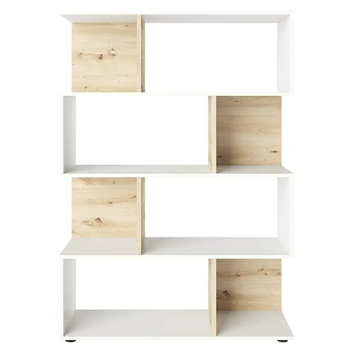 Phönix Holzregal Shelfy - H x B x T: 146 x 103 x 35,6 cm, Anzahl Böden: 5 Stk., Schrauben, Weiß/Eiche - Modernes Bücherregal in Weiß und Holzoptik mit versetzten Regalfächern für eine stilvolle Aufbewahrungslösung.
