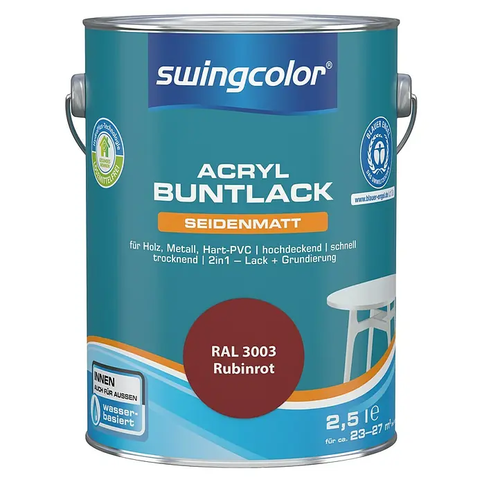 swingcolor Buntlack Acryl - Rubinrot, Seidenmatt, 2,5 l, Wasserbasiert - Dose Swingcolor Acryl Buntlack Rubinrot RAL 3003, seidenmatt, für Holz, Metall, Hart-PVC, hochdeckend, schnell trocknend, 2in1 Lack + Grundierung, 2,5 l.
