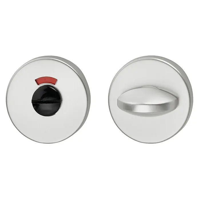 Portaferm Schlüsselschild - Durchmesser Rosette: 55 mm, Schlitzkopf/Olive, Silber - Ein Set mit einem WC-Türschloss, das "besetzt" mit einem roten Indikator anzeigt, und einer Drehknopfverriegelung aus Metall.