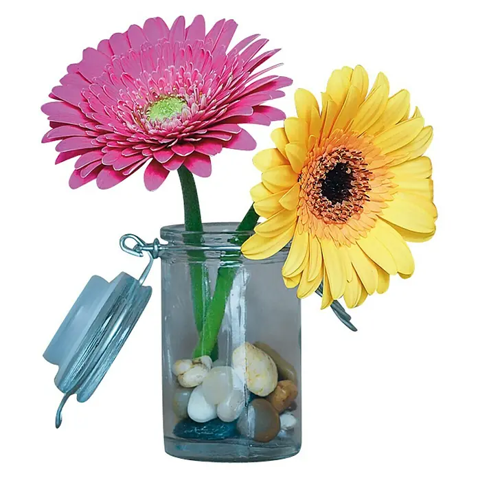 Piardino Gerbera - Gerbera jamesonii, Tamaño de maceta: 12 cm, Color de flor: Dependiendo de la variedad - Flores de gerbera rosas y amarillas en un tarro de cristal con guijarros, un arreglo decorativo para el hogar.