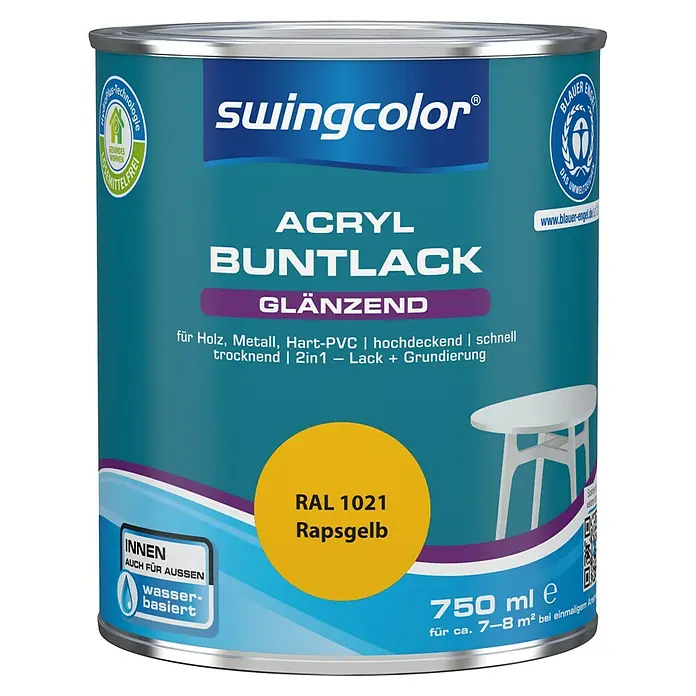 swingcolor Buntlack Acryl - Rapsgelb, Glänzend, 750 ml, Wasserbasiert - Dose Swingcolor Acryl Buntlack glänzend, Farbton RAL 1021 Rapsgelb, für Innen- und Außenbereich, wasserbasiert, 750 ml.