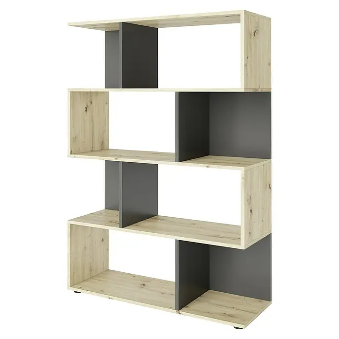 Phönix Holzregal Shelfy - H x B x T: 146 x 103 x 35,6 cm, Anzahl Böden: 5 Stk., Schrauben, Eiche/Grau - Helles Bücherregal mit versetzten Ebenen und grauen Trennwänden, das ein modernes und stilvolles Design für Wohnräume bietet.