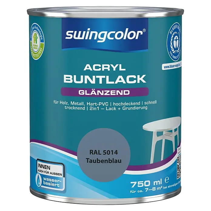 swingcolor Buntlack Acryl - Taubenblau, Glänzend, 750 ml, Wasserbasiert - Dose Swingcolor Acryl Buntlack glänzend, Farbe RAL 5014 Taubenblau, geeignet für Holz, Metall und Hart-PVC, 750 ml für Innen- und Außenbereiche.