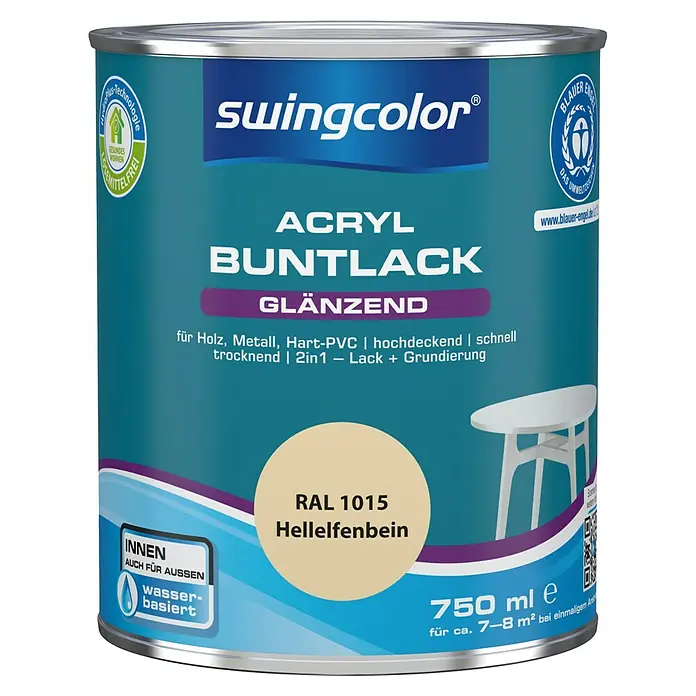swingcolor Buntlack Acryl - Hellelfenbein, Glänzend, 750 ml, Wasserbasiert - Dose Acryl Buntlack glänzend von Swingcolor in der Farbe Hellelfenbein (RAL 1015), geeignet für Holz, Metall und Hart-PVC, 750 ml.