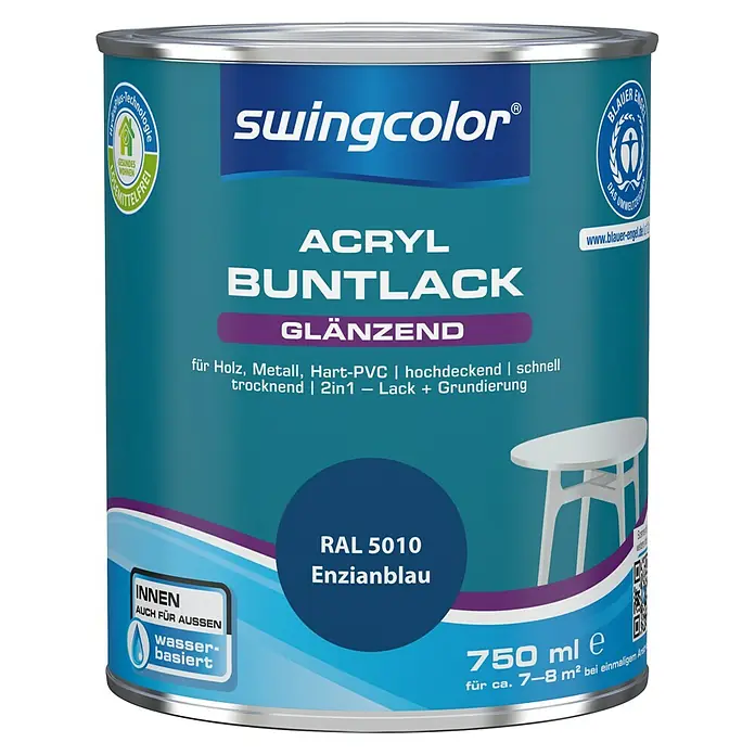 swingcolor Buntlack Acryl - Enzianblau, Glänzend, 750 ml, Wasserbasiert - Dose Acryl Buntlack glänzend von Swingcolor in Enzianblau (RAL 5010), 750 ml, für Holz, Metall, Hart-PVC, hochdeckend und schnell trocknend.