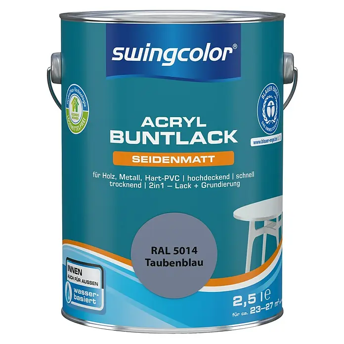 swingcolor Buntlack Acryl - Taubenblau, Seidenmatt, 2,5 l, Wasserbasiert - Farbdose Swingcolor Acryl Buntlack Seidenmatt, RAL 5014 Taubenblau, geeignet für Holz, Metall und Hart-PVC, 2,5 l für 23-27 m².