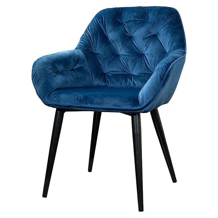Phönix Stuhl Chessy - L x B x H: 60 x 62 x 82 cm, Blau - Blauer Samt-Polsterstuhl mit Knopfheftung und schwarzen Beinen für ein elegantes Ambiente.