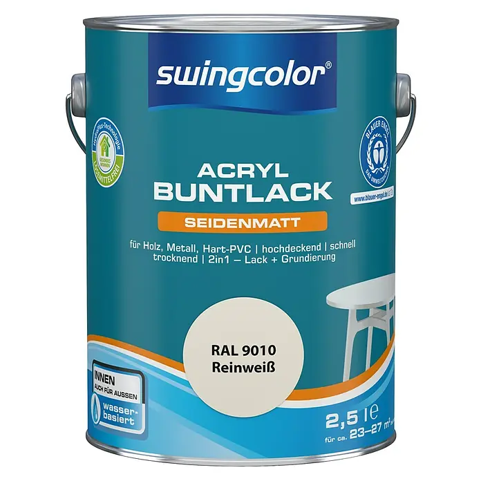swingcolor Buntlack Acryl - Reinweiß, Seidenmatt, 2,5 l, Wasserbasiert - Farbdose Swingcolor Acryl Buntlack Reinweiß RAL 9010, seidenmatt, für Holz, Metall, Hart-PVC. Schnell trocknend, 2in1 Lack und Grundierung.